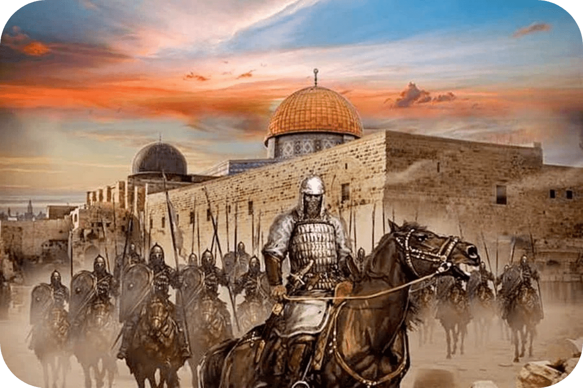 warriors bearing swords in hand standing in front of dome of rock