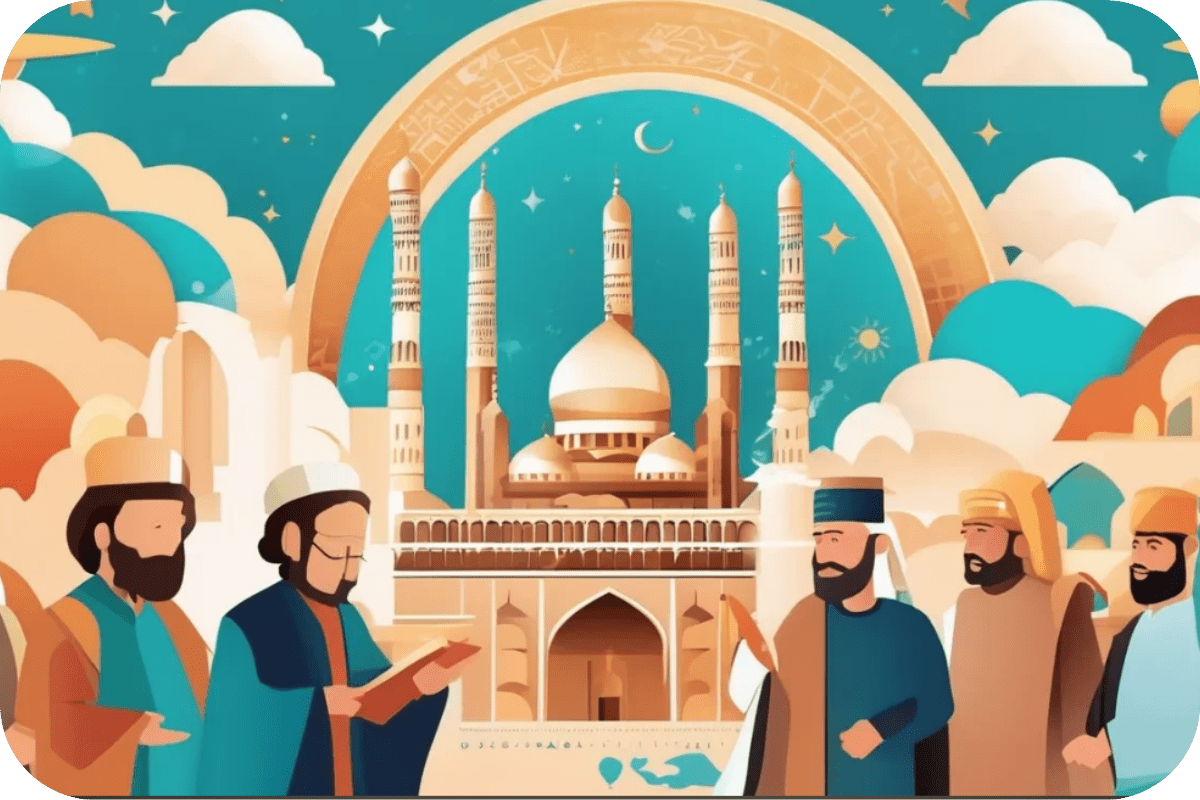 people standing in front of a mosque