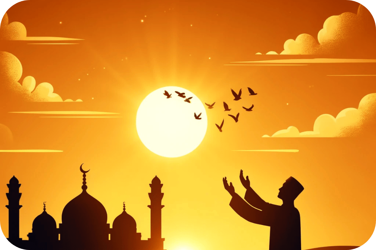 a man praying in front of a mosque with sun shining in the background