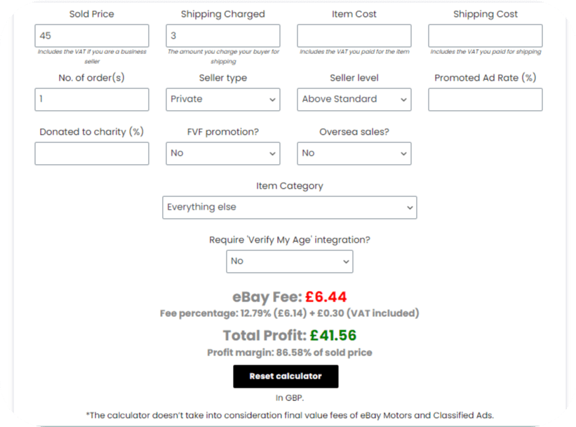 eBay fees calculator example
