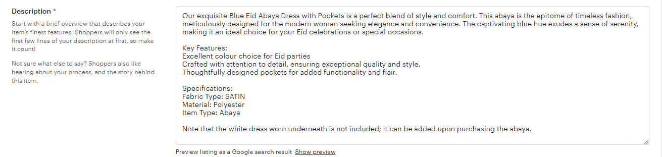 example of an optimised Abaya description on etsy