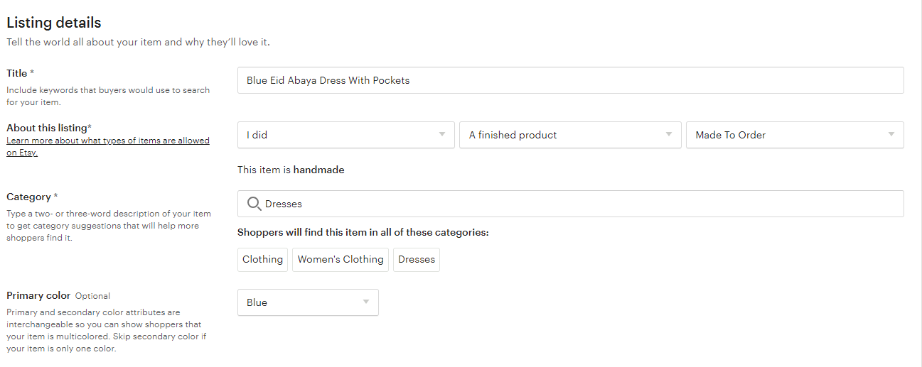 example of an optimised Abaya listing on etsy