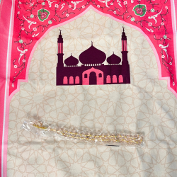 Islamic gifts Personalised Pink Prayer Mat Set for Girls – Custom Name in Arabic or English, with Tasbeeh & Toy Camera | Perfect Islamic Gift For Kids | Muslim Girls Prayer Mat | Kids Prayer Mat at Riwaya