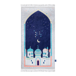 Islamic gifts Adult Padded Prayer Mat with Blue Crescent Moon Design | Urban Rugs UK - Padded Prayer Mat - Comfortable Adult Prayer Rug - Islamic Prayer Mat - Hajj/Umrah Gifts - Ramadan/Eid Gifts at Riwaya