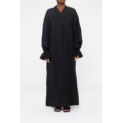 Perfect Gift What better way to make such wonderful memories than in a beautiful abaya. This comes with flattering frill sleeves and a tie belt. Composition : 30% Linen 70% Tencel One Size: fits 8-16 UK Model height: 178cm / 5’8”