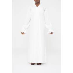 Perfect Gift  What better way to make such wonderful memories than in a beautiful abaya. This comes with flattering frill sleeves and a tie belt. Composition : 30% Linen 70% Tencel ONE SIZE fits UK 8-16  Model height: 178cm / 5’8”