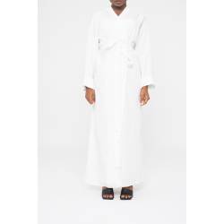 Perfect Gift Classic open abaya crafted from a linen blend, this piece has elegant turn-up sleeves and comes with a belt. Composition : 30% Linen 70% Tencel ONE SIZE  fits size 8-16 UK Model height: 178cm / 5’8”