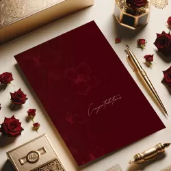 Perfect Gift Discover the essence of divine love and commitment with our "Maroon Elegance" Nikkah Greeting Card, a luxurious symbol crafted to commemorate the sacred union of marriage. This exquisite card goes beyond mere greetings, encapsulating the profound emotions and blessings of such a momentous occasion.Inner Message:&nbsp;The inner title showcases&nbsp;الوَدُود (Al-Wadood), The Loving and The Beloved One, a name of Allah that resonates with the theme of love and unity in marriage. The body of the message eloquently expresses a thoughtful supplication, invoking Allah's blessings: "May He bless your marriage and enrich your hearts." It concludes with a poignant verse from Al-Quran (30:21), highlighting the sanctity and tranquility found in the marital bond.This card is more than a mere greeting; it's a reflection of the belief that love emanates from Allah. It serves as a reminder of His grace and wisdom in the union of two souls, emphasizing the importance of remembering and cherishing this divine love in marriage.Why Our Maroon Elegance Card Stands Out:Luxurious Design:&nbsp;Adorned with a rich maroon hue and a subtle rose print, the card's design is both elegant and meaningful, reflecting the depth of love and commitment.Divine Inspiration:&nbsp;Inside, the card features one of Allah's beautiful Names الوَدُود (Al-Wadood) - The Loving and The Beloved One, a name of Allah that echoes the essence of marital love and unity. Accompanied by a heartfelt supplication and a verse from Al-Quran (30:21), it beautifully captures the sanctity of marriage.Exquisite Craftsmanship:&nbsp;Made with 400gsm silk paper, the card offers a lavish feel, while its double-sided full-color print marries traditional Islamic art with modern aesthetics. The soft touch lamination provides a sensory experience that signifies the premium quality of your well wishes.Keepsake Quality:&nbsp;With its A5 size and elegant portrait orientation, this card is not only a greeting but a cherished keepsake, designed to be treasured for years to come.We bridge a crucial gap in the market with Islamic greeting cards that deeply resonate with faith and art. Born from a desire to integrate Allah's remembrance into our celebrations, our greeting cards are more than messages&mdash;they're an invitation to reflect and connect with Allah's divine attributes. Each card is a blend of traditional Islamic art and contemporary design, making every celebration an opportunity to deepen your faith."Maroon Elegance" is not just a greeting card; it's a beacon of luxurious devotion and a celebration of a union under Allah's loving grace. Perfect for those seeking to convey their congratulations and blessings with depth, style, and soulful reflection. Add "Maroon Elegance" to your celebrations and let your greeting be an emblem of faith and love.