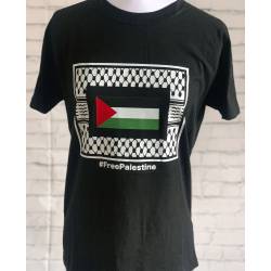 Perfect Gift Black Unisex T-shirt with Keffiyeh frame and Palestine Flag. Introducing our Black Unisex T-shirt, a bold and powerful expression of solidarity with Palestine. Crafted with premium quality fabric and designed for comfort, this t-shirt is more than just apparel; it's a statement of unwavering support and pride. The Keffiyeh frame beautifully encapsulates the shirt, symbolising tradition, culture, and resilience, while the colours of the Palestinian flag - red, green, white, and black - proudly adorn the centre, echoing the spirit and history of Palestine. Join the movement, stand tall, and make a statement with the Black Unisex T-shirt. Wear your support for Palestine proudly and make a powerful impact with every step you take. We recommend going up by one size as the t-shirts are smaller than standard sizes. Available in sizes small - xxlSmall -&nbsp;35/37" / 88cm/94cm. Medium -&nbsp;38/40" / 96cm/101cm. Large -&nbsp;41/43" / 104cm/109cm. XL- 44/46" / 111cm/116cm. XXL-47/49" / 119cm/124cm N.B: As all apparel is printed in-house please allow up to 2 weeks for delivery. Should you need the items sooner, please contact us and we do our best to help you Insha Allah.