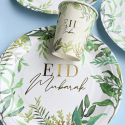Perfect Gift New for this year, our wonderful Eid Mubarak paper cups and plates set Cups and plates finished in a lovely green leafed botanical design.  Each set contains: 10 cups & 10 Plates  9 inch plates 250ml / 9oz cups