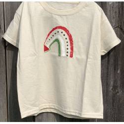 Perfect Gift Embrace solidarity with this vibrant and meaningful t-shirt. Featuring a unique design of a rainbow emerging from a watermelon, adorned with the iconic colours of the Palestinian flag, it symbolises hope, resilience, and unity. Each purchase of this t-shirt contributes 10% of its profits to support Palestine, standing in solidarity with its people during challenging times. Wear it proudly to show your support for a cause close to your heart and make a difference with every step you take. Size guide:Small&nbsp;3/4 years - 26" / 66cm Medium&nbsp;5/6 years - 28" / 71cm Large&nbsp;7/8 years - 30" / 76cm XL&nbsp;9/11 years - 32" / 81cm 2XL&nbsp;12/13 years - 34" / 86cm 100% Organic Cotton N.B: As all apparel is printed in-house please allow up to 2 weeks for delivery. Should you need the items sooner, please contact us and we do our best to help you Insha Allah.