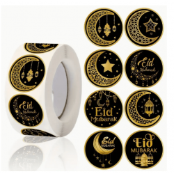 Islamic gifts 500pcs Roll Eid Mubarak Stickers - 2.5cm Black & Golden Islamic Ramadan Decals - Paper Lantern & Star Moon Patterns - Eid Muslim Party Decorations - Islamic Eid Decorations - Islamic Stickers - Islamic Favours at Riwaya