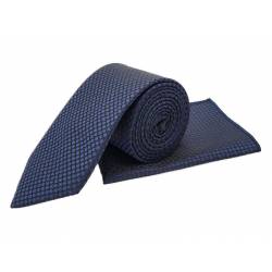 Perfect Gift DESCRIPTION A geometric suit accessory set by SI. This black and royal blue-toned tie with a matching pocket square will add elegance to your formal attire perfect for any occasion and season. Also available in other colours.&nbsp; Tie width: 7.5cm Pocket square width: 21cm Pocket square length: 21cm MATERIAL AND CARE Material information: 100% Microfiber
