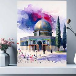 Islamic gifts Al Aqsa Mosque Watercolor | Purple Sky | Downloadable Art | Dome of the Rock Painting | Muslim Islamic Decorative Art | Modern Islamic Home | Eid Day Gift Present at Riwaya