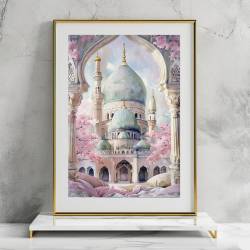 Islamic gifts Art Masjid | Mosque Landscape | Watercolour | Blue Pink Boho | Islamic Home Wall | Muslim Printable Gift | Blush Pastel Tones | An-Nabawi Inspired | Fathers' Day at Riwaya