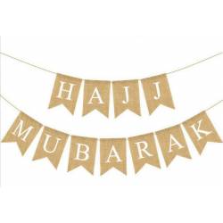 Islamic gifts Hajj Mubarak Hessian Burlap Fabric Pennant Bunting Banner - 2 Line Hajj Mubarak Banner - Hajj Decoration - Hajj Banner - Islamic Decoration - Hajj Celebration Decor at Riwaya