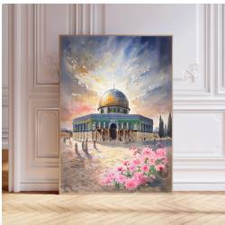 Islamic gifts Al-Aqsa Mosque Golden Blush Sky | Watercolor Printable | Digital Islamic Wall Art | Sacred Masjid Poster | Dome of the Rock | Eid Gift Muslim at Riwaya