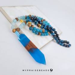Islamic gifts  Blue Agate, Tiger Eye & Wood Tasbih - Muslim Prayer Beads - 99 Bead Tasbih - Islamic Gifts at Riwaya