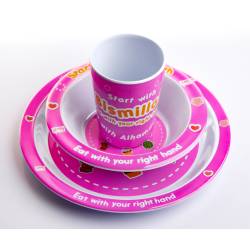 Perfect Gift Instil the sunnah and akhlaaq of eating in your children with our start with bismillah tableware set. The set is perfect for anything from full meals to desserts, sides and more! Each plate has been carefully designed with colorful and enticing food elements as well as text prompting your kids to remember the sunnah of eating in Islam. Plates and bowl read “Start with Bismillah’ “Eat with your right hand” “End with Alhamdulillah” as pictured. Each set includes a bowl, plate and cup which is made from 100% melamine and it BPA free The raised edges on the plate gives your little one’s additional comfort with scooping up their food and also provides a secure grip.  Elevate your mealtimes today with our Start with Bismillah Tableware set. Each set includes: Bowl size 175 x 160 x 40mmPlate Size: 245 x 218 x 20mmCup Size: 93 x 85mm Care Instructions: Wash before first useDishwasher safeNOT Microwave safe
