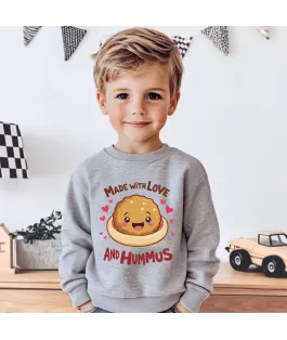Perfect Gift Toddler Sweatshirt – "Made with Love and Hummus" Falafel Design Wrap your little one in comfort and cuteness with this adorable Rabbit Skins 3371 Toddler Sweatshirt featuring a playful cartoon falafel, hearts, and the cheerful phrase "Made with Love and Hummus". Perfect for kids who bring joy to the table—just like hummus and falafel! Product Highlights: Charming Design: Features a whimsical cartoon falafel with hearts and a fun, foodie-inspired message that’s sure to bring smiles. Soft and Cozy Fabric: Made from a premium cotton/poly blend, this sweatshirt is soft on delicate skin while providing lasting durability. Versatile Colors: Available in Grey and Heather Grey, perfect for everyday wear or special occasions. Details: Material: 60% cotton, 40% polyester fleece for a warm, comfy fit. Fit: Toddler sizing with ribbed cuffs and waistband for a snug and secure fit. Easy Care: Machine washable, ensuring parents love it as much as kids do! Whether it’s for a cozy day at home, a fun outing, or a foodie-themed photo op, this sweatshirt makes a unique and thoughtful gift for little hummus lovers. Order now to add a little extra love and hummus to their wardrobe! EU representative: Floral Delights Co., emmamansour@me.com, 1433 N 1075 W, Farmington, UT, 84025, US Product information: Rabbit Skins 3317, 2 year warranty in EU and Northern Ireland as per Directive 1999/44/EC Care instructions: Machine wash: cold (max 30C or 90F), Non-chlorine: bleach as needed, Tumble dry: low heat, Iron, steam or dry: medium heat, Do not dry clean