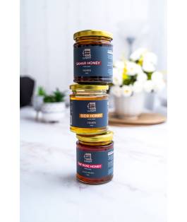 Perfect Gift Our Premium Grade Sidr Honey Summer Harvest is 100% Pure and Raw and provides a wealth of vitamins, minerals and additional nutrients that make it extremely powerful for your body and mind. It can help to cure numerous conditions along with boosting the immune system, enhancing energy, treating various digestive problems and sustaining a healthy gut! Set Size: 3 x 200g each Texture: Thick and Rich and Chewy, like molten toffee melting in your mouth. Colour: Liquid Gold Taste: Butterscotch, Buttery notes. Perfect balance of sweetness (not overly sweet) Benefits: Rich in Vitamins and Antioxidants. High medicinal qualities Aroma: Unique and distinctive. Our Premium Grade Samar Honey is 100% Pure and Raw and extracted from the nectar of the flowers of the Samar (Acacia) Tree in Wadi Do’an. The flowers grow in desert environments whose flowers bloom between spring and summer. Yemeni Samar Honey is known for its many benefits for diabetics as it has a low level of glucose. It has a dark red tamarind colour with an amazing caramel aftertaste to it and has an aromatic smell that will rock your senses. This honey is perfect for replacing refined sugar, digestive healing and infertility issues also. Texture: perfect viscosity for drizzling on pancakes/waffles/roti Colour: Natural tamarind colour Taste: Rich, deep sweet, smokey, maple syrup, deep caramel notes Benefits: Strong anti-inflammatory and antimicrobial compounds. Iron and Mineral rich, low glucose level for great for diabetics. Popular with expecting mothers. Aroma: Strong Sweet Smell Ta’ifi Rose Honey  is harvested in the mountains of Al-Shifa and Al-Hada, Saudi Arabia. Before the roses are picked, the bees travel from flower to flower, collecting the rare and precious nectar of these roses, for our unique and precious Tai'fi Rose Honey. This honey is not to be confused with other floral kinds of honey, abundantly available in supermarkets across the world. Unlike other floral honey, this honey is not infused with the flavor or scent of the Taif rose. Rather, the bees who produce this honey, feed exclusively from this rose, in order to produce this prestigious, totally unique, extremely nutritious, and luxurious honey. The taste, color, and scent of this honey are truly unlike any other. Taste: like Turkish Delight Benefits: * Powerful antidepressant properties * Relieves spasm of involuntary muscle activity * Boosts testosterone * Promotes fertility * Antiviral * Antibacterial * Antiseptic * Anti-inflammatory * Antispasmodic * Aphrodisiac