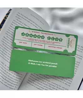 Perfect Gift Remind yourself to strive for jannah and its endless blessings with this bookmarkEnhance your reading experience with our unique Islamic bookmark. Designed with care, it serves as a reminder of faith. Slim and durable, it securely holds its place in your Qur'an or any book. Perfect as a gift or for personal use!This beautiful accessory serves as a perfect companion for your Qur'an and books. Or if you don't read much, you can place it in your journal or notebooks.51 x 152 mm size400 gsm paperGlossy front, silk-finish backVivid, full-colour printing*book not included*