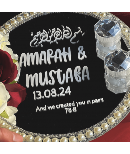 Perfect Gift Personalised Nikkah Wedding Ring Plates – Elegant Islamic Wedding Decor Enhance your Nikkah ceremony with our stunning personalised wedding ring plates, designed to celebrate love and commitment. Each plate is custom-crafted with exquisite detail, featuring names, dates, or meaningful messages, making it a perfect addition to your Islamic wedding decor. Our Nikkah ring plates beautifully combine tradition and modern elegance, serving as a timeless keepsake of your special day. Whether as a centrepiece during the ceremony or a cherished memento, these plates are ideal for couples who value unique and personal touches in their wedding celebrations. Celebrate your union with a piece that reflects your love and individuality. Perfect for gifting or enhancing your Muslim wedding ceremony decor. WHEN PLACING AN ORDER, PLEASE REFER TO THE 'ADD A NOTE' SECTION AND INCLUDE:&nbsp;  1) NAMES&nbsp;- Please enter these in the order you'd like them displayed. Or if you'd just prefer initials. 2) DATE&nbsp;- We can print either the English calendar date or the Islamic calendar, please specify which you would like.&nbsp; 3)&nbsp;SHORT QUOTE -&nbsp;If you would like one. Not everyone chooses to have one.&nbsp; Here are some examples:  And We created you in pairs.&nbsp;78:8 And He placed between you affection and mercy.&nbsp;30:21  4)&nbsp;FONT COLOUR -&nbsp;White, Gold or Black. The most common is the White.