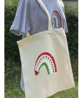 Perfect Gift Introducing the Tasnim Rainbow Organic Tote Bag, featuring a vibrant watermelon rainbow design symbolising Palestine. Crafted from 100% organic cotton, this tote bag not only offers quality but also supports a great cause. Elevate your style while making a positive impact - get your Tasnim Rainbow Organic Tote Bag today! N.B: As all apparel is printed in-house please allow up to 2 weeks for delivery. Should you need the items sooner, please contact us and we do our best to help you Insha Allah.