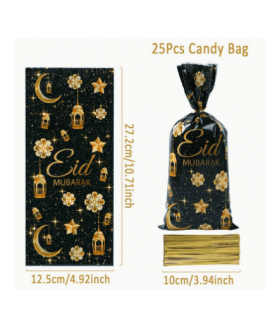 Islamic gifts  25 pieces Eid Mubarak Candy Bags - Black Golden Moon Star Castle Plastic Gift Bags - Islamic Muslim Party Supplies - Eid Gift Bag - Eid Money Bag at Riwaya