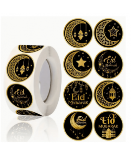 Islamic gifts 500pcs Roll Eid Mubarak Stickers - 2.5cm Black & Golden Islamic Ramadan Decals - Paper Lantern & Star Moon Patterns - Eid Muslim Party Decorations - Islamic Eid Decorations - Islamic Stickers - Islamic Favours at Riwaya