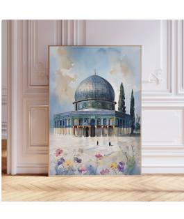 Islamic gifts Al Aqsa Mosque Watercolor | Blue Sky | Dome of the Rock Painting Palestine | Muslim Islamic Decorative Art | Modern Islamic Home | Islamic Printable Poster | Islamic Home Decoration at Riwaya