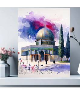Islamic gifts Al Aqsa Mosque Watercolor | Purple Sky | Downloadable Art | Dome of the Rock Painting | Muslim Islamic Decorative Art | Modern Islamic Home | Eid Day Gift Present at Riwaya