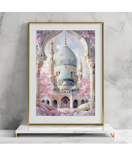 Islamic gifts Art Masjid | Mosque Landscape | Watercolour | Blue Pink Boho | Islamic Home Wall | Muslim Printable Gift | Blush Pastel Tones | An-Nabawi Inspired | Fathers' Day at Riwaya