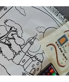 Perfect Gift  Introducing our Colour and Pray Salah mat set.  Lovely fun and unique colour and pray kit for children Let Children add their own personal touch to their Salah Prayer mats, whether a budding artist or just some wonderfully relaxing colouring fun.  The prayer mat, made from high quality 16oz Cotton Canvas will make the perfect gift for children.  A creative and therapeutic activity allowing them to express themselves in a  creative way and make something that they can use everyday. Also establishing the importance of Salah and prayer, comes with a handy canvas bag so children can store and carry around conveniently, whether at home or out and about Bring out the artist in them! Choose from 2 unique designs whether a super fun space design or a tranquil waterfall scene allow your child to add their own stamp onto their mat, allow to dry and then Mat is ready to use. 20 assorted colour fabric markers are included in your kit along with a canvas bag to store their prayer mat in. Prayer mat is approximately 90cm x 48cm Set includes: Prayer mat : approx - 90cm x 48cm Pack of 20 High Quality Fabric Pens 1 x Canvas bag A perfect gift for any child and a great addition ith The Masjid Playhouse to create the ultimate Salah and Prayer experience