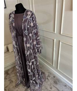Perfect Gift *SALE ORIGINAL PRICE £120Gorgeous beaded abaya  4 piece including  Hijab, belt, full sleeve inner and open beaded abaya with buttons. Available to order in 52 54 56 Modest fit. 