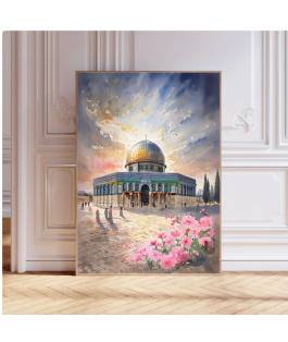 Islamic gifts Al-Aqsa Mosque Golden Blush Sky | Watercolor Printable | Digital Islamic Wall Art | Sacred Masjid Poster | Dome of the Rock | Eid Gift Muslim at Riwaya