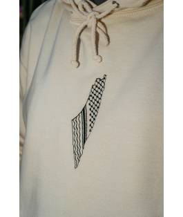 Perfect Gift Celebrate resilience, heritage, and identity with our Infamous Keffiyeh & Map Design Hoodie, a powerful tribute to Palestinian culture and history. Crafted in a smooth vanilla beige cotton blend, this hoodie features bold detailing in rich black thread, showcasing the iconic keffiyeh pattern interwoven with the map of Palestine, a symbol of pride, struggle, and unbreakable roots. Whether worn as a personal statement or shared in solidarity, this piece balances comfort with cultural depth. The neutral tone offers versatility, while the intricate embroidery speaks volumes.